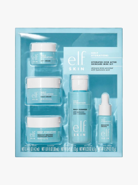 e.l.f. SKIN Holy Hydration! Hydrated Ever After Skincare Mini Kit in branded components on a light gray background